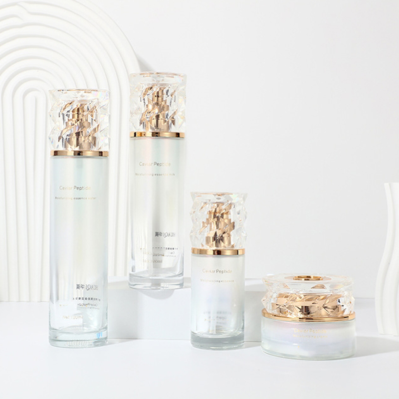 Pembungkusan Kosmetik Kecerunan Berwarna Set dicetak Botol Losyen Kaca Kaca Kulit Kulit Kekosan Bercetak dengan Pam