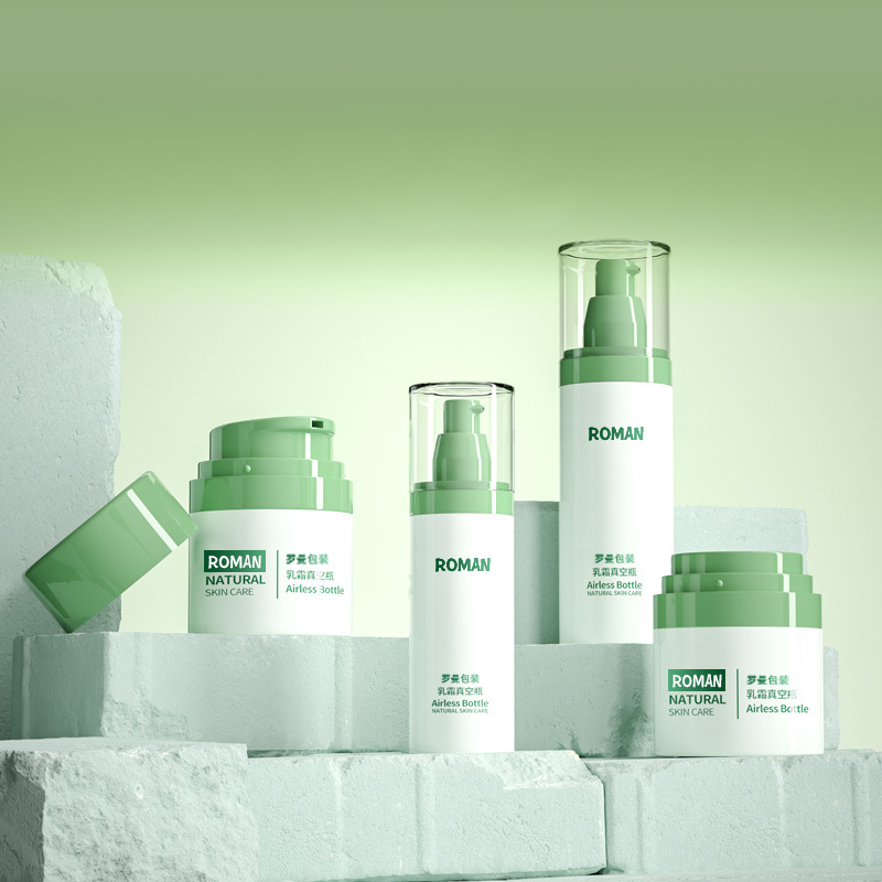 Plastik Pembungkusan Kosmetik Botol Krim Muka 30ml 50ml 80ml Botol Pam Tanpa Hijau Set dengan Electroplating untuk Botol Serum Anti-Age