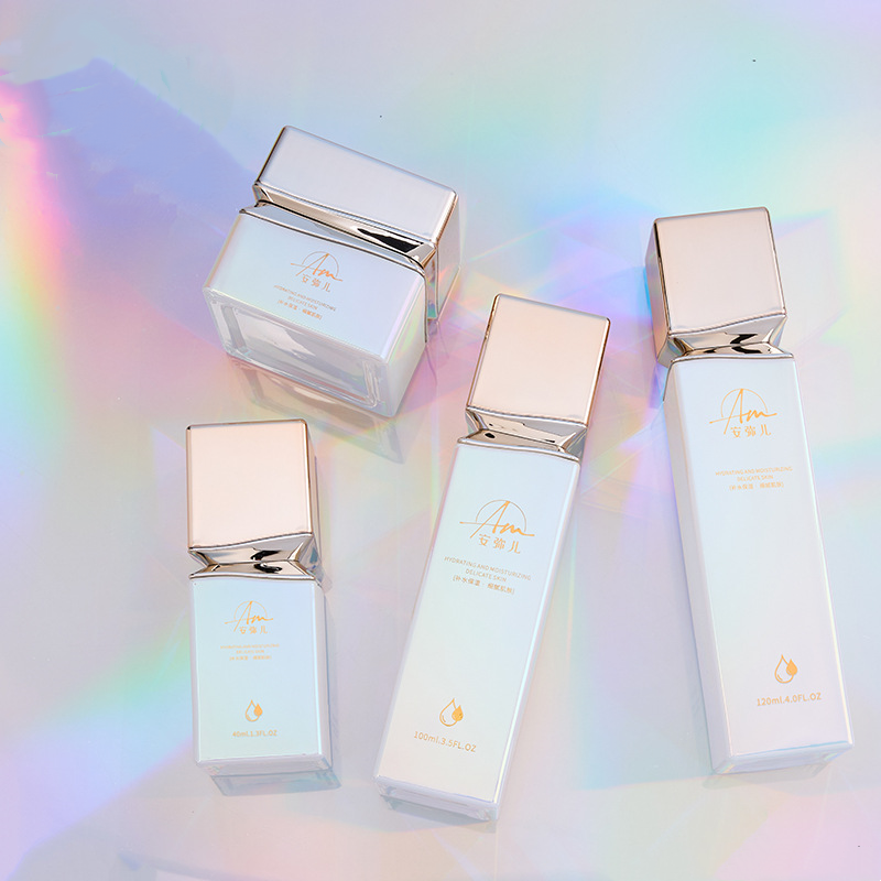 Balang krim kaca persegi dengan kesan iridescent untuk krim muka dan krim mata