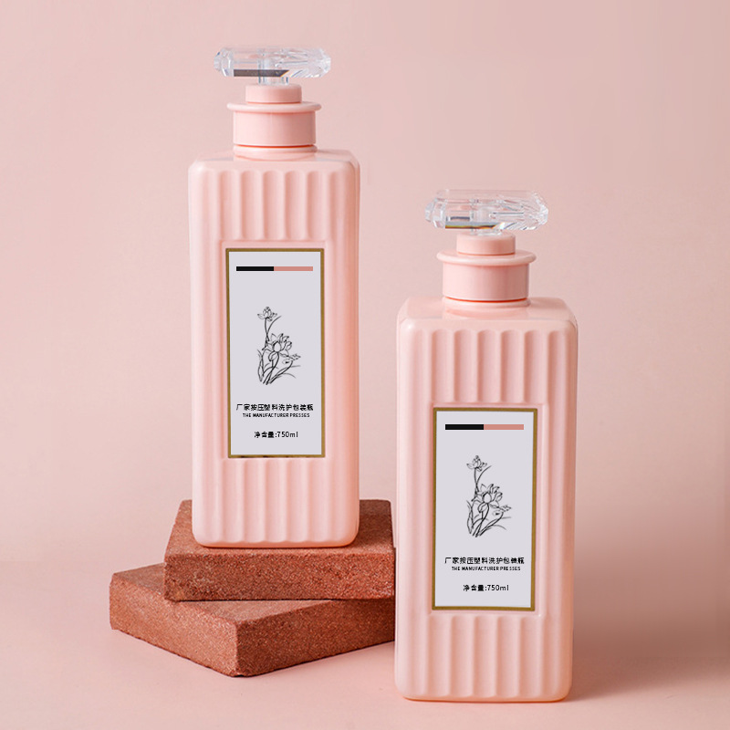 500ml 750ml Botol Pam Losyen Plastik Plastik Square Dengan Permukaan Bentuk Jalur Untuk Syampu Minyak Rambut Dan Konvensyen Kosmetik