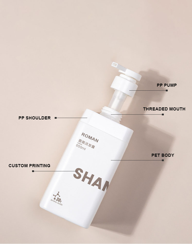 Reka bentuk baru logo peribadi matte putih 650ml persegi kosong HDPE Plastik cecair cecair botol 1L untuk gel mandi syampu Reka bentuk baru logo peribadi matte putih 650ml persegi kosong HDPE Plastik cecair cecair botol 1L untuk gel mandi syampu